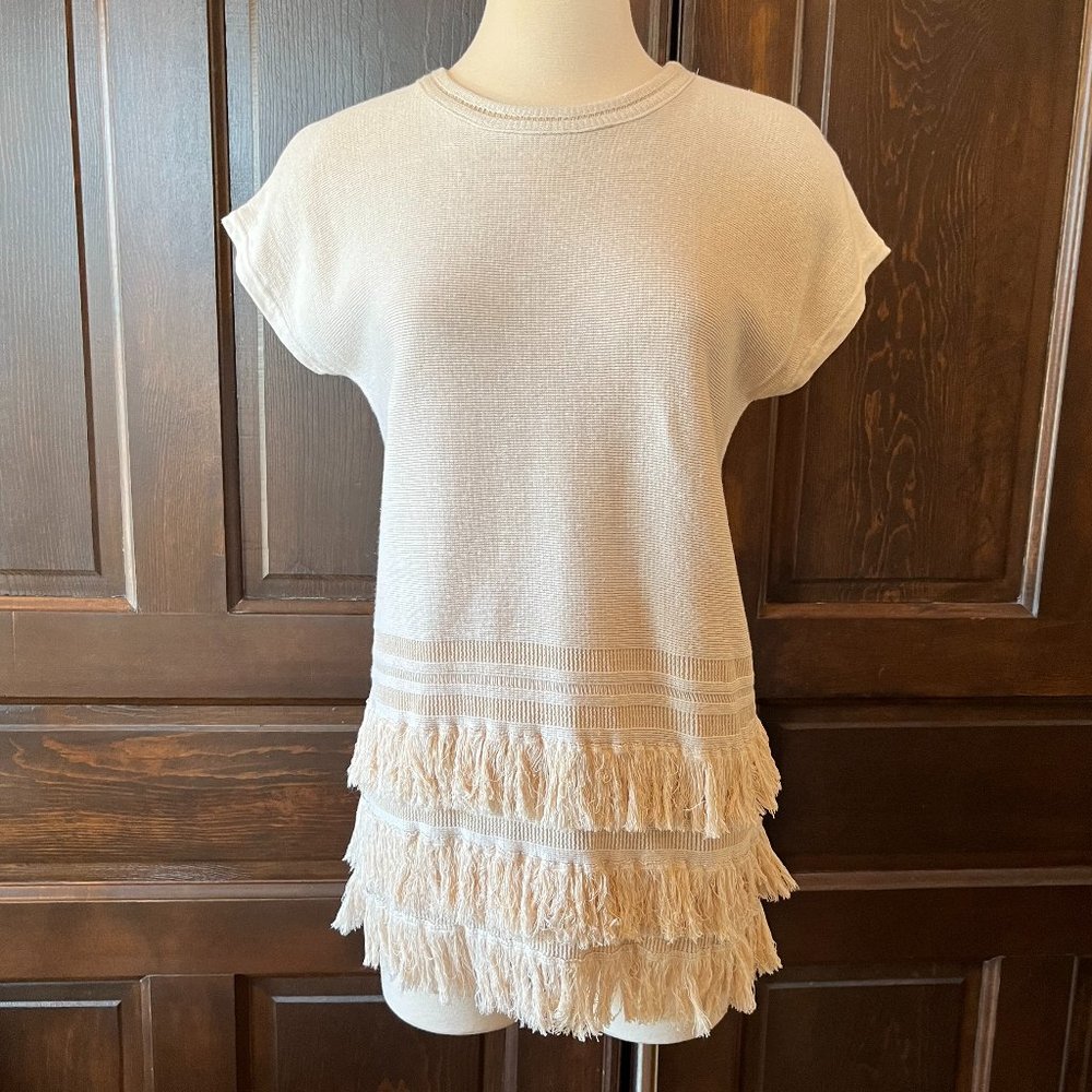 Lauren Ralph Lauren Europe Women's M Tunic Top Cream Boho Fringe Linen Blend